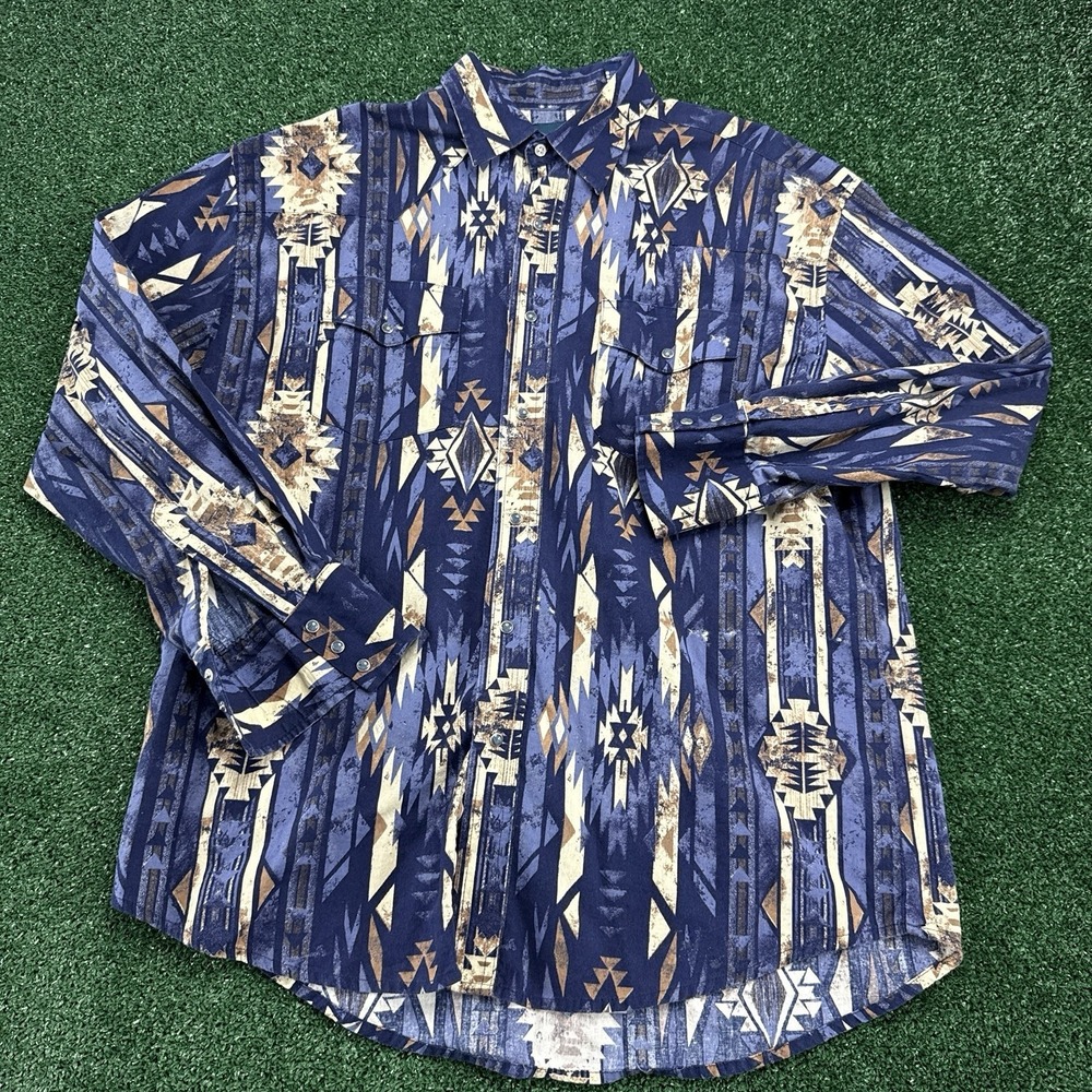 Vintage Wrangler Shirt Men's Aztec Western Pearl Snap Size XL Blue - Picture 2 of 8